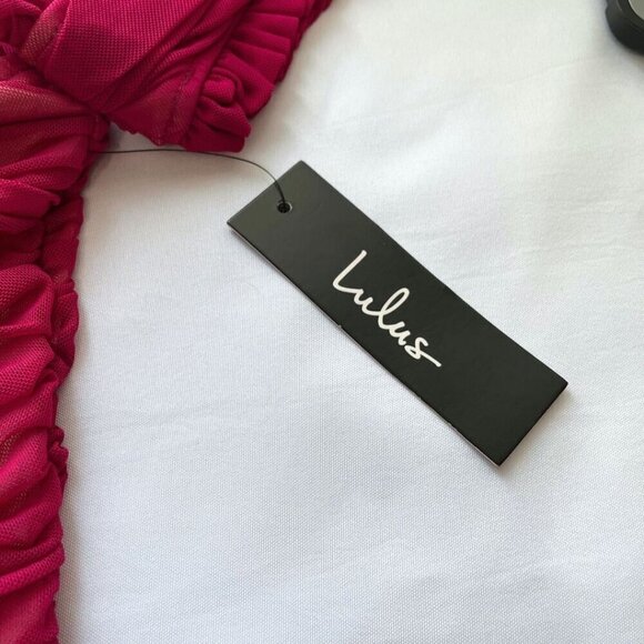 NWT LULUS ALTO RASPBERRY PINK RUCHED MESH FRILLY MINI BODYCON COCKTAIL DRESS - Picture 6 of 9